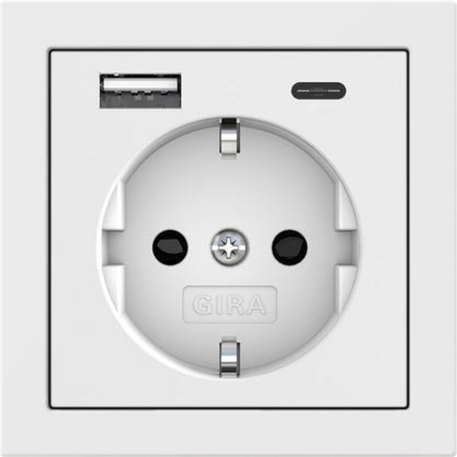 wandcontactdoos met randaarde Safety Plus USB-voeding 2-voudig type A/C Gira F100 zuiver wit