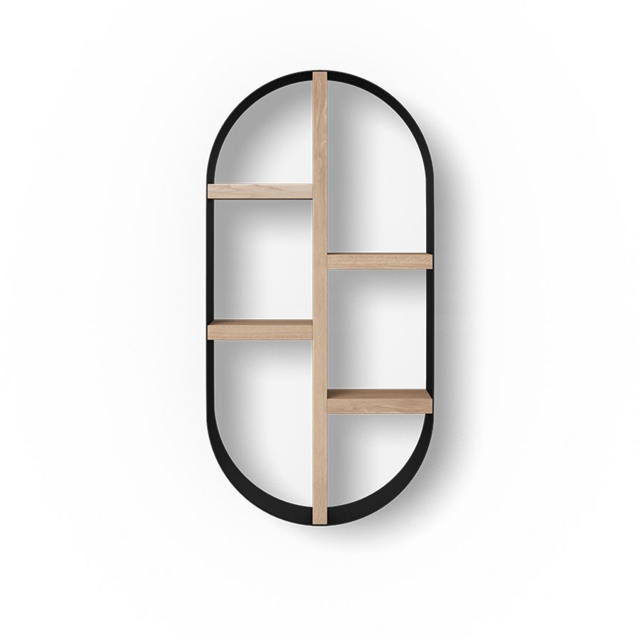 Wandrek WOODEN BOX OVAL 600mm eiken old grey, buitenrand mat zwart