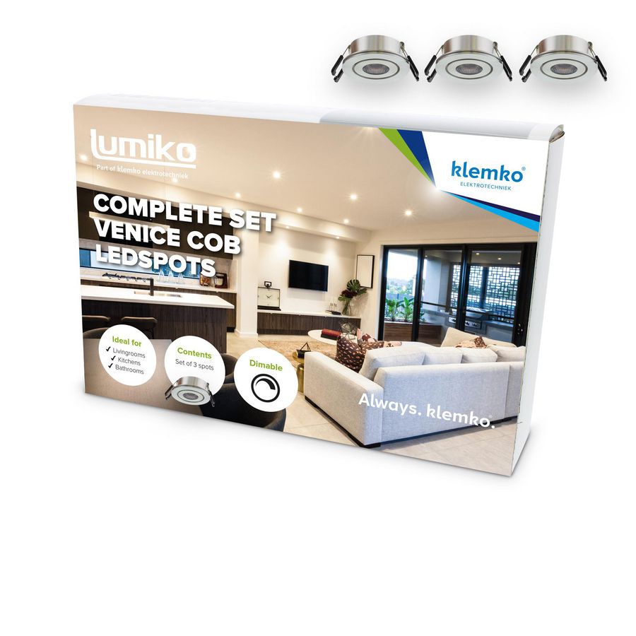 Ledspot compleet Venice pakket met 3x COB 3000K dimbaar