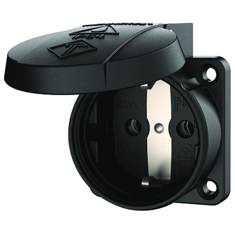 Inbouwwandcontactdoos 16A 2P+A 230V IP54 SCHUKO zwart