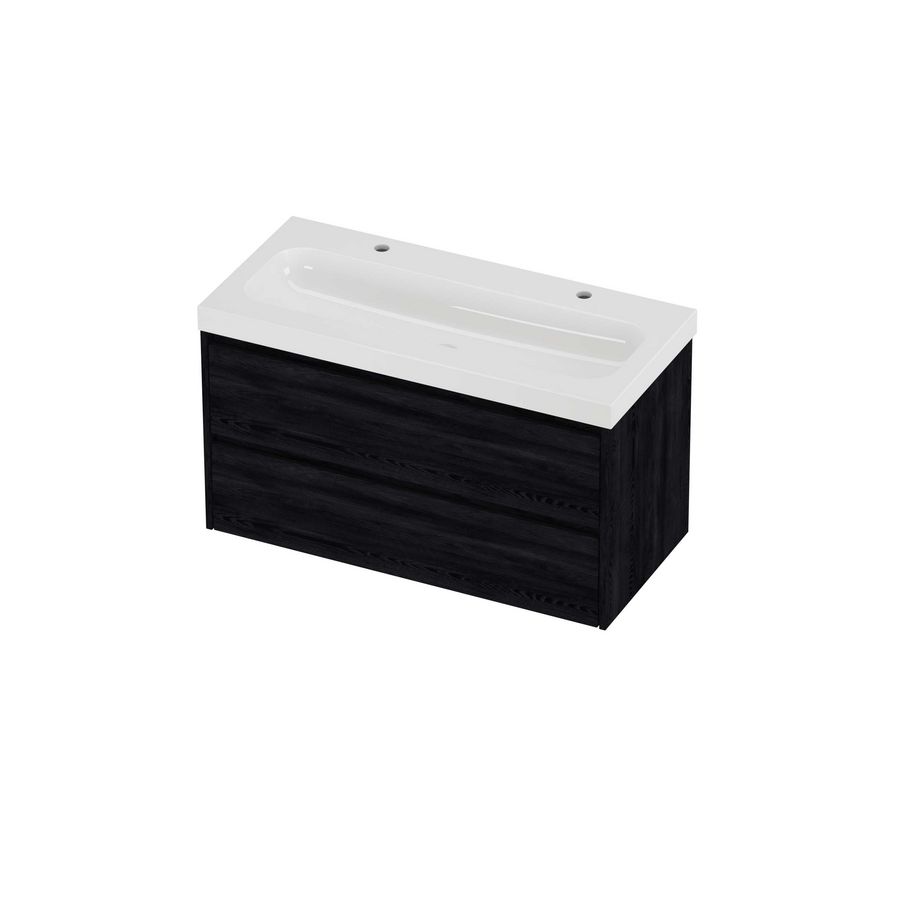 Haga Set polystone Mezza wastafel met 2 kraangaten en onderkast symmetrisch 1000x460x580mm glans wit/Black oak