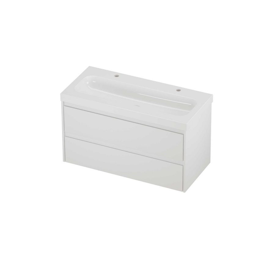 Haga Set polystone Mezza wastafel met 2 kraangaten en onderkast symmetrisch 1000x460x580mm glans wit/mat wit