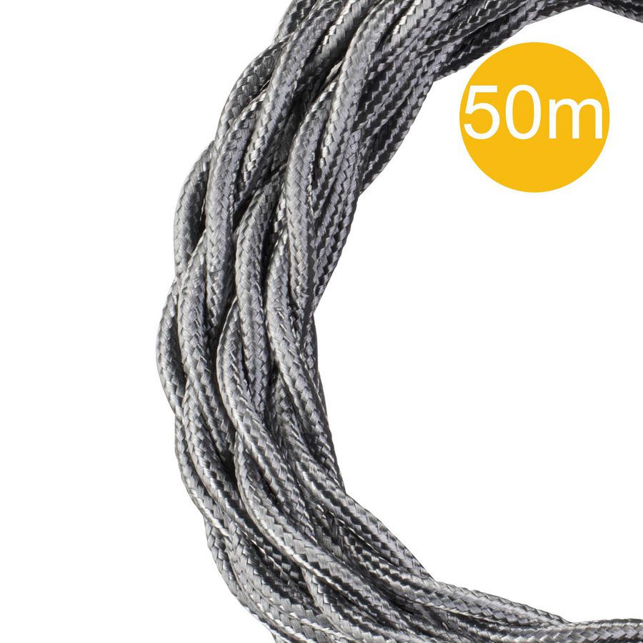 Lengte a 50m. Textielsnoer gedraaid 3C 3x0,75mm² zilver