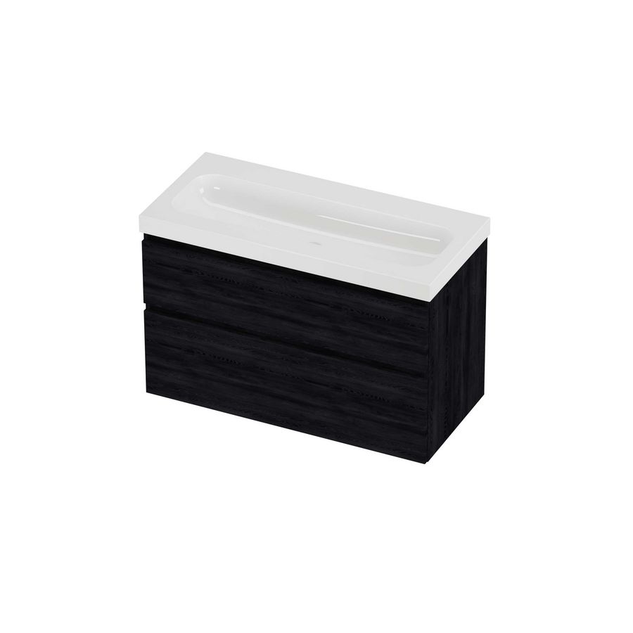 Haga Set polystone Mezza wastafel zonder kraangat en onderkast a-symmetrisch 1000x460x660mm glans wit/Black oak