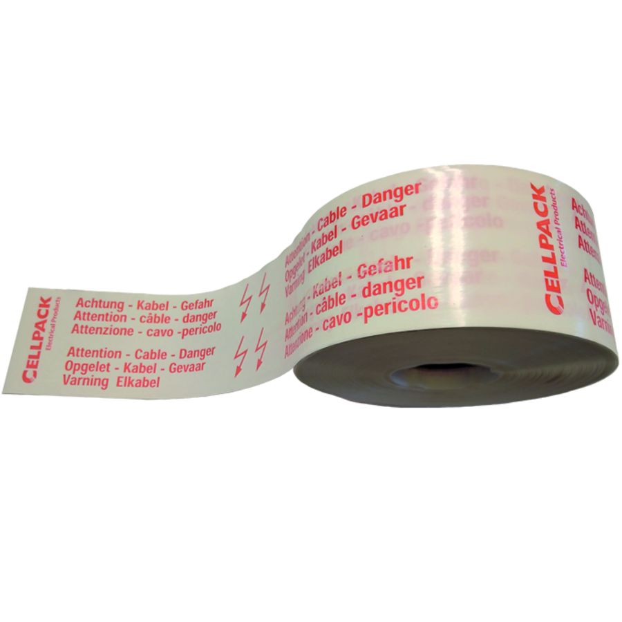 Lengte a 250m. Waarschuwingsband tekst: Opgelet-Kabel-Gevaar