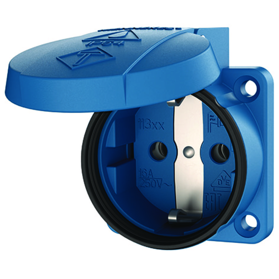 Inbouwwandcontactdoos 16A 2P+A 230V IP54 SCHUKO blauw