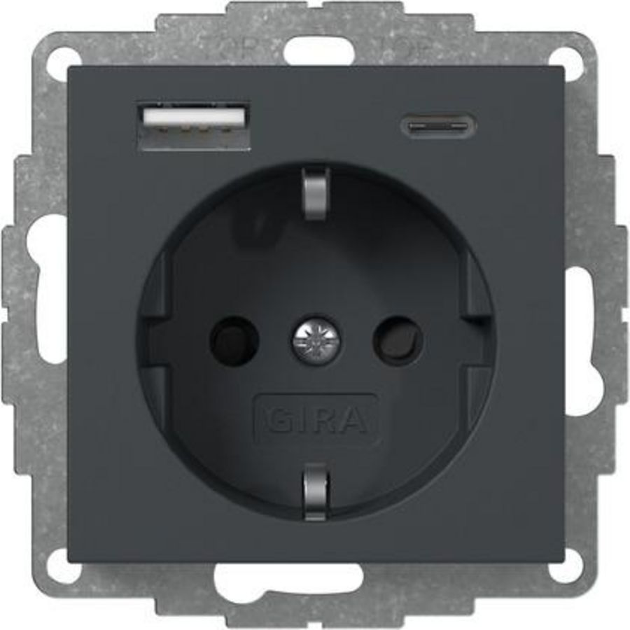 wandcontactdoos met randaarde Safety Plus USB-voeding 2-voudig type A/C System 55 antraciet