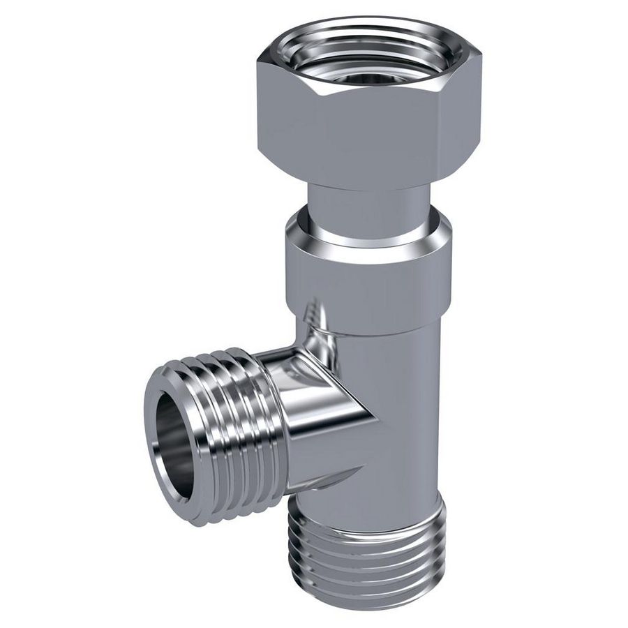 T-stuk 3/8" wartel x 3/8"bu.dr. x 3/8"bu.dr. messing verchroomd tbv hoekstopkraan