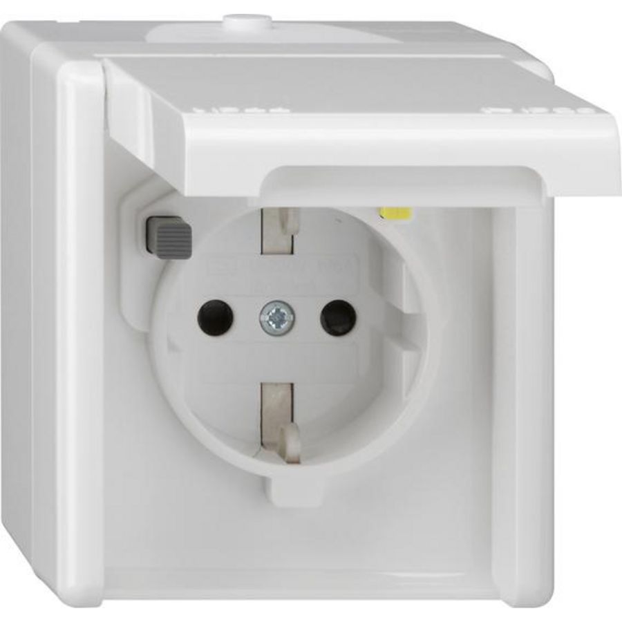 wandcontactdoos aardlekbeveil. 30 mA KD + Safety Plus spatwaterdicht opbouw zuiver wit