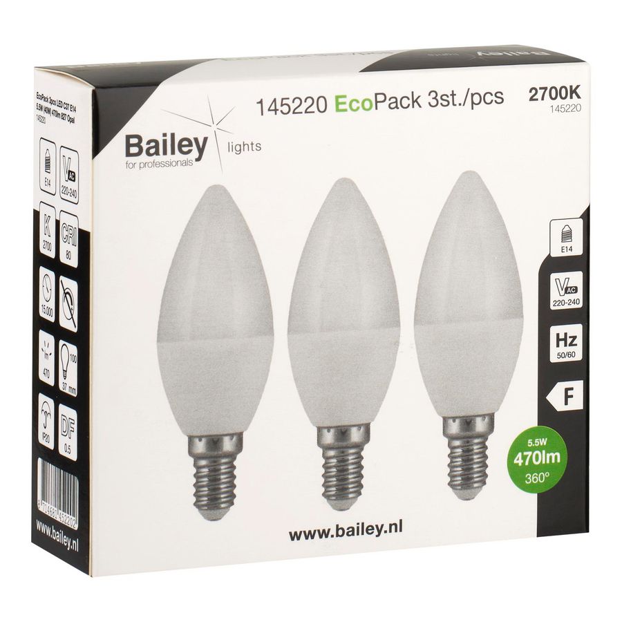 Doos a 3st. LED-lamp EcoPack C37 E14 5.5W 470lm 827 opaal