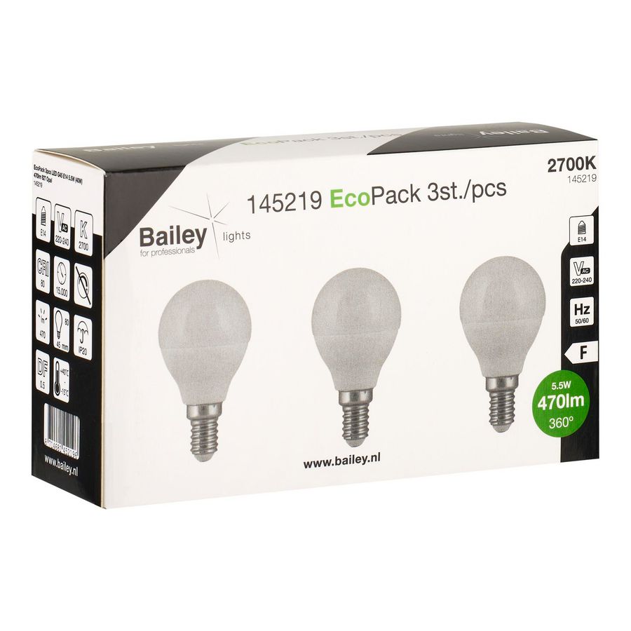 Doos a 3st. LED-lamp EcoPack G45 E14 5.5W 470lm 827 opaal