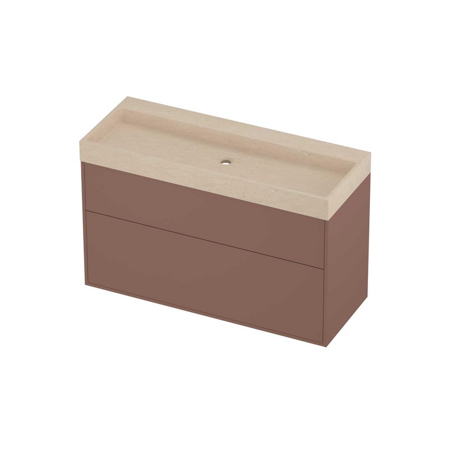 Evoli Set hardsteen Loft wastafel centraal zonder kraangat en onderkast tbv grepen 2 laden a-symmetrisch in kader 1200x460x750mm Sand stone/Beauty blush