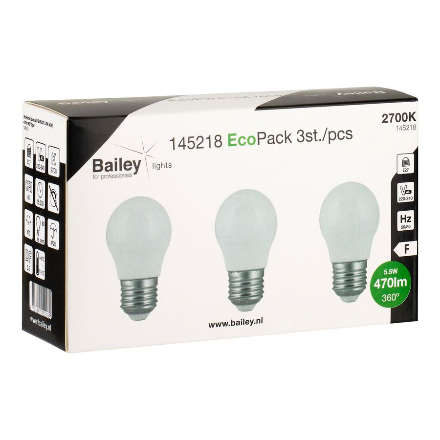 Doos a 3st. LED-lamp EcoPack G45 E27 5.5W 470lm 827 opaal