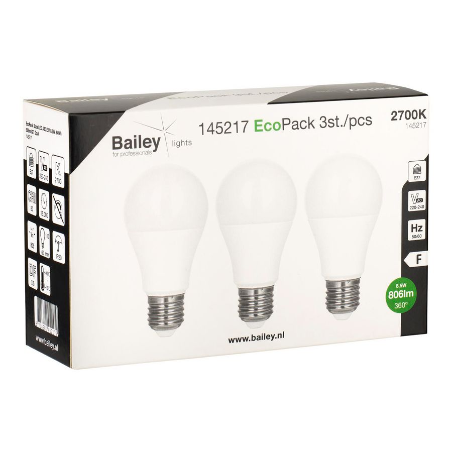 Doos a 3st. LED-lamp EcoPack A60 E27 8.5W 806lm 827 opaal