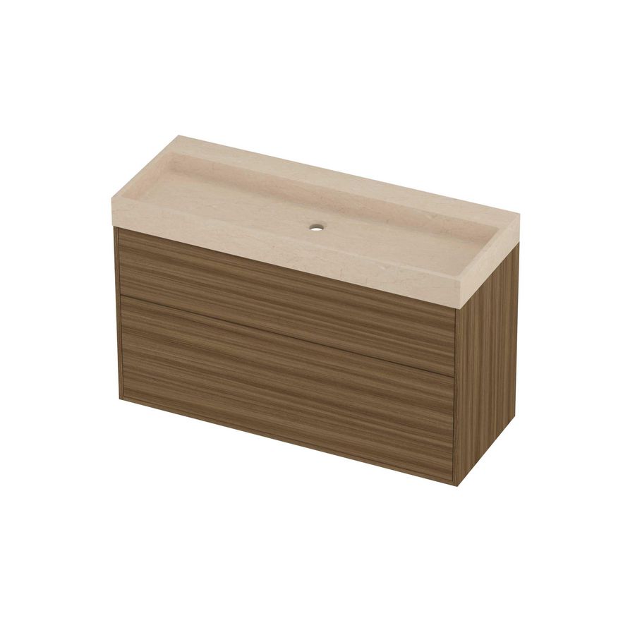 Evoli Set hardsteen Loft wastafel centraal zonder kraangat en onderkast tbv grepen 2 laden a-symmetrisch in kader 1200x460x750mm Sand stone/Caramel walnut