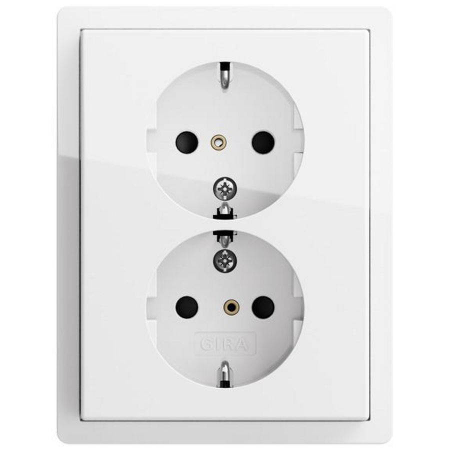 2-voudig wandcontactdoos met randaarde + Afdekraam Gira F100 zuiver wit
