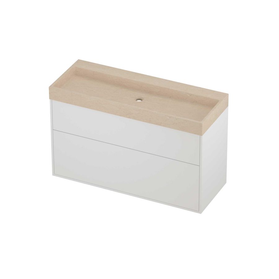 Evoli Set hardsteen Loft wastafel centraal zonder kraangat en onderkast tbv grepen 2 laden a-symmetrisch in kader 1200x460x750mm Sand stone/matt white