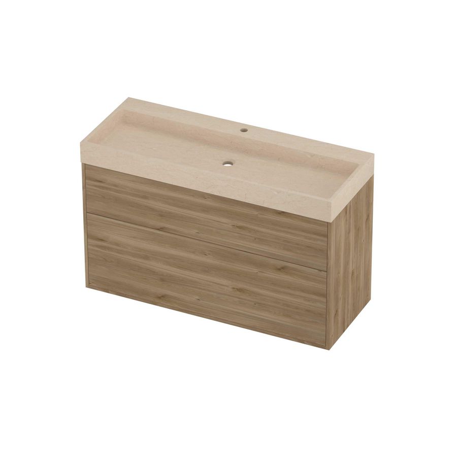 Evoli Set hardsteen Loft wastafel centraal met 1 kraangat en onderkast tbv grepen 2 laden a-symmetrisch in kader 1200x460x750mm Sand stone/Cider oak