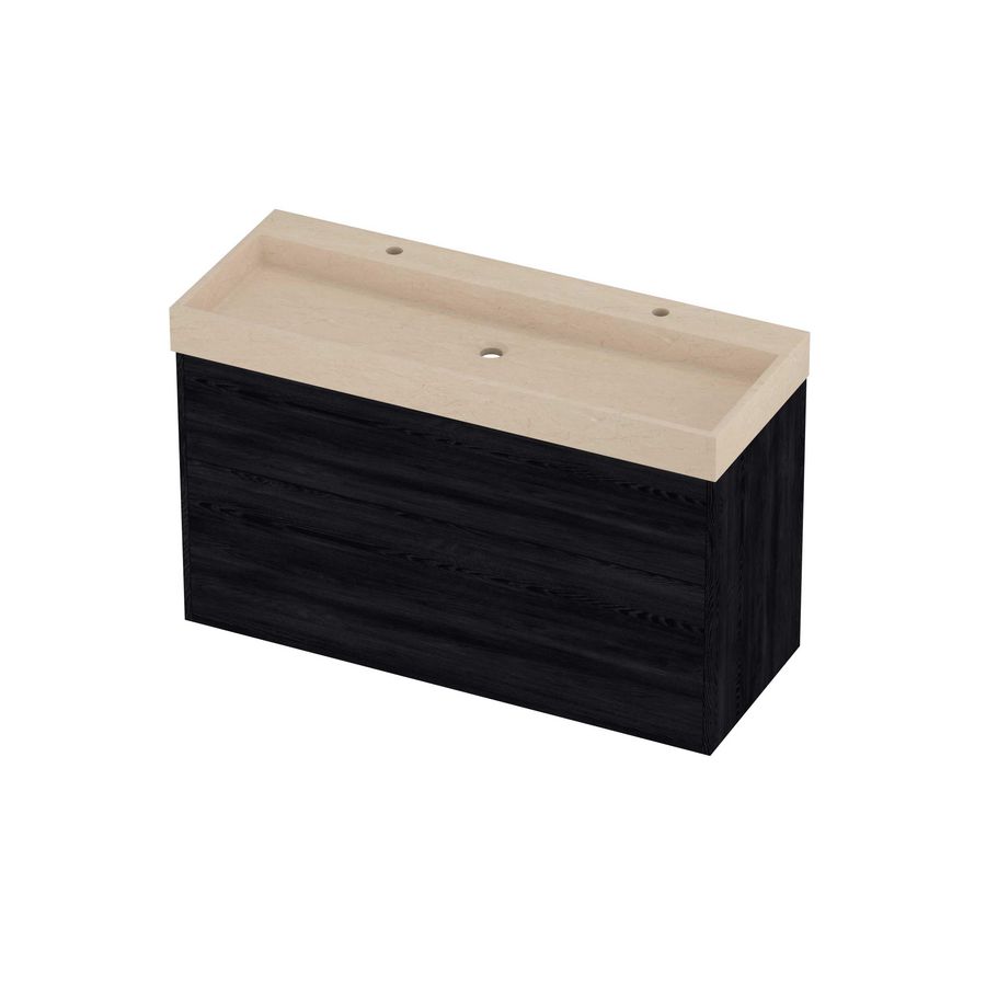 Evoli Set hardsteen Loft wastafel centraal met 2 kraangaten en onderkast tbv grepen 2 laden a-symmetrisch in kader 1200x460x750mm Sand stone/Black oak