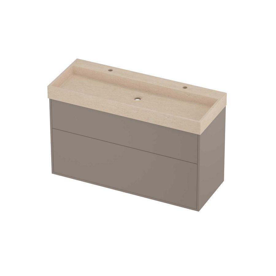 Evoli Set hardsteen Loft wastafel centraal met 2 kraangaten en onderkast tbv grepen 2 laden a-symmetrisch in kader 1200x460x750mm Sand stone/Clay beige