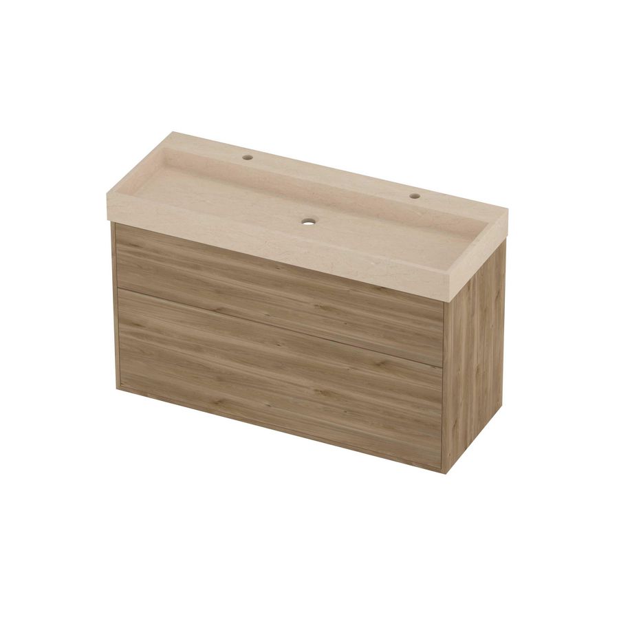 Evoli Set hardsteen Loft wastafel centraal met 2 kraangaten en onderkast tbv grepen 2 laden a-symmetrisch in kader 1200x460x750mm Sand stone/Cider oak