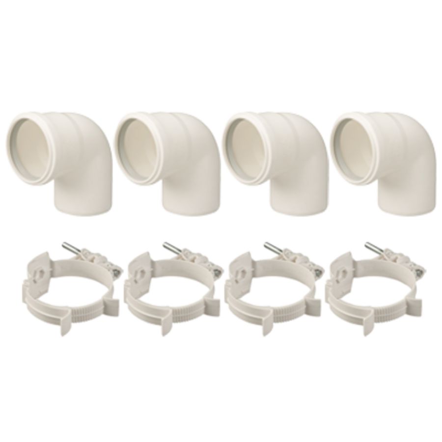 Set met 4 bochten Rolux T120 PP 80mm 90° wit incl. beugel