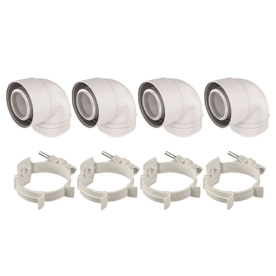 Set met 4 bochten UbiFit concentr. Push-Fit PP 87° Ø60/100mm incl. beugels