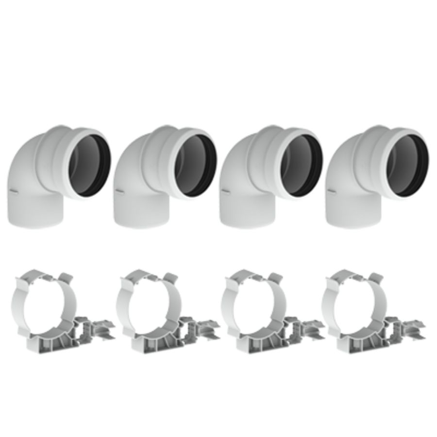 Set met 4 bochten Safe-PP 80mm 90° wit incl. beugels