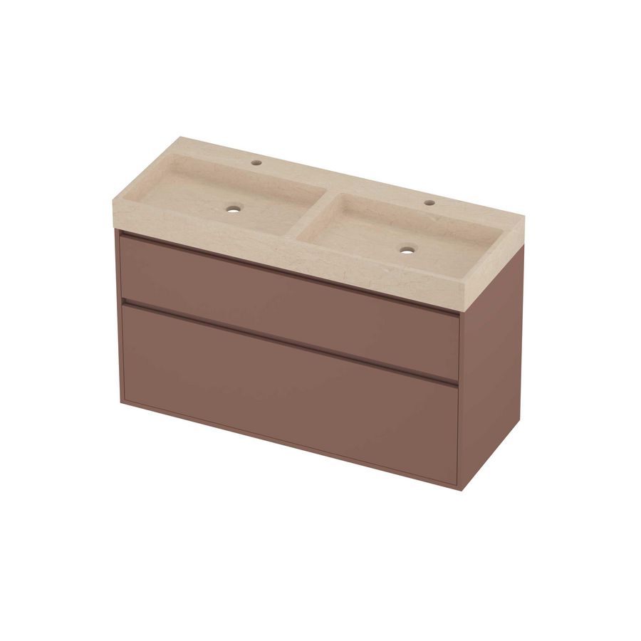 Evoli Set hardsteen Loft wastafel dubbele wasbak met 2 kraangaten en onderkast greeploos 2 laden a-symmetrisch in kader 1200x460x750mm Sand stone/Beauty blush