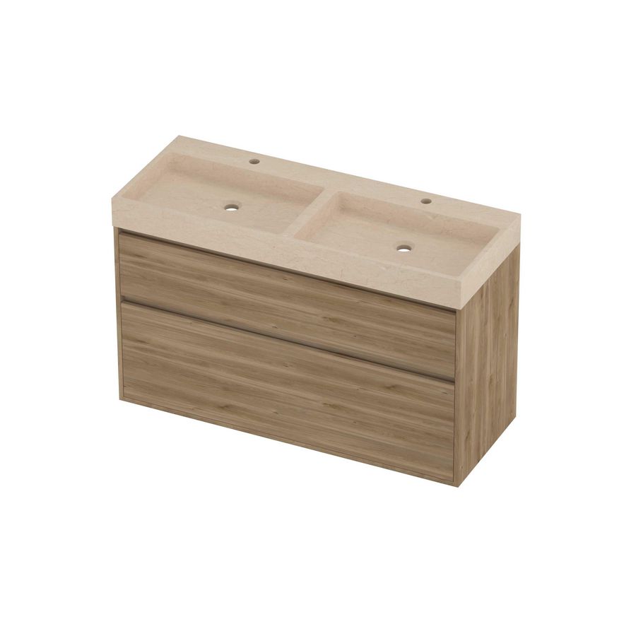 Evoli Set hardsteen Loft wastafel dubbele wasbak met 2 kraangaten en onderkast greeploos 2 laden a-symmetrisch in kader 1200x460x750mm Sand stone/Cider oak