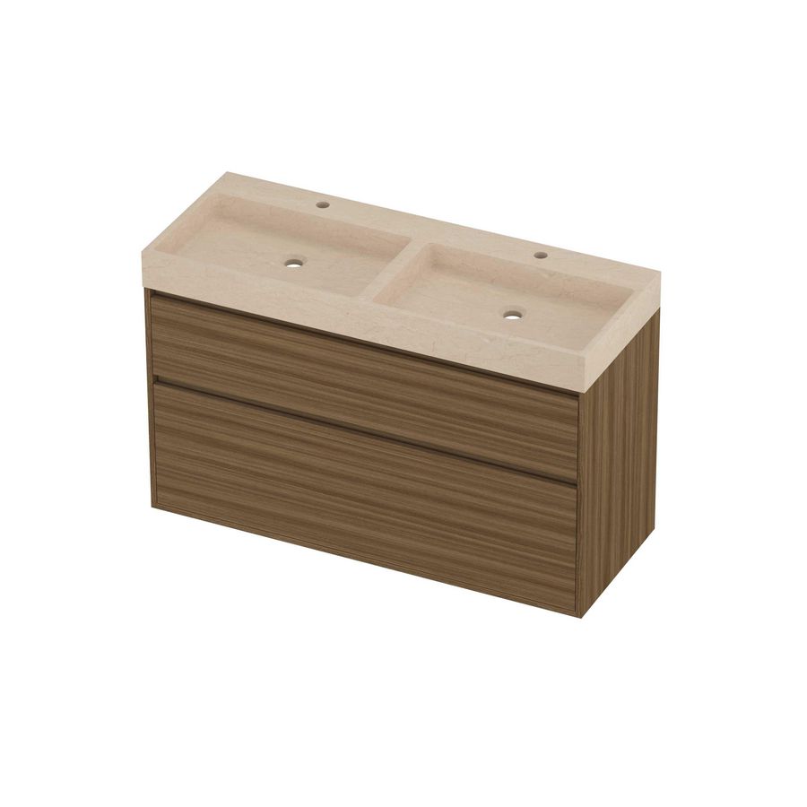 Evoli Set hardsteen Loft wastafel dubbele wasbak met 2 kraangaten en onderkast greeploos 2 laden a-symmetrisch in kader 1200x460x750mm Sand stone/Caramel walnut