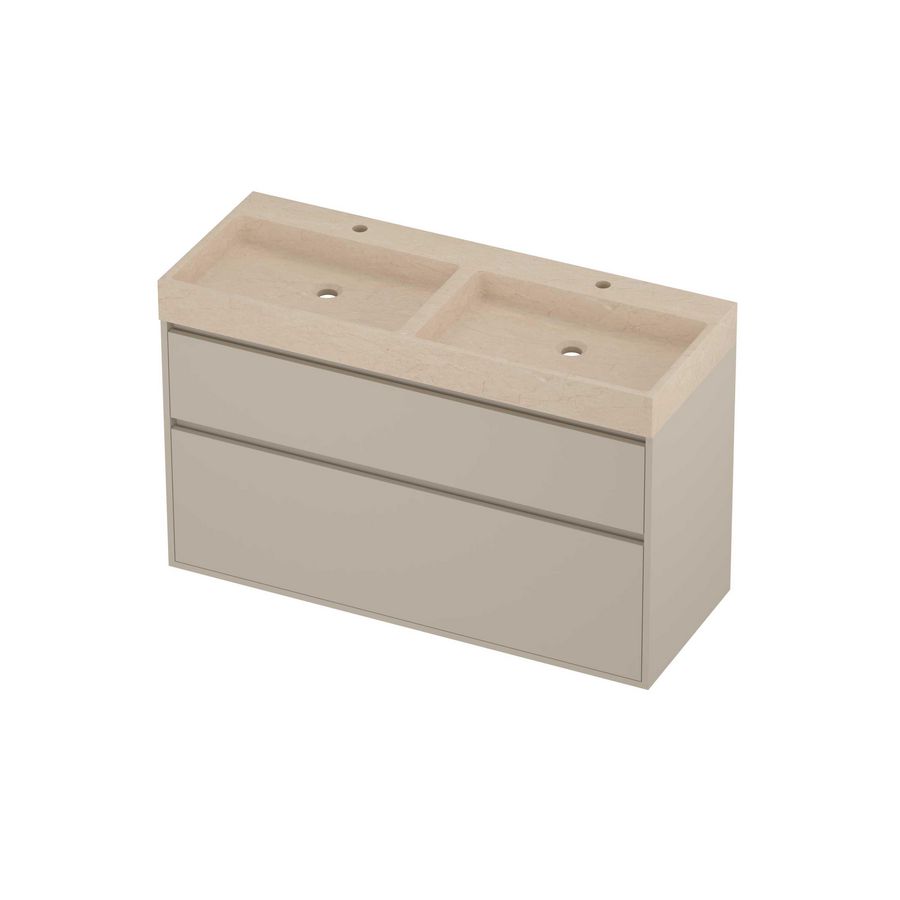 Evoli Set hardsteen Loft wastafel dubbele wasbak met 2 kraangaten en onderkast greeploos 2 laden a-symmetrisch in kader 1200x460x750mm Sand stone/Soft linen