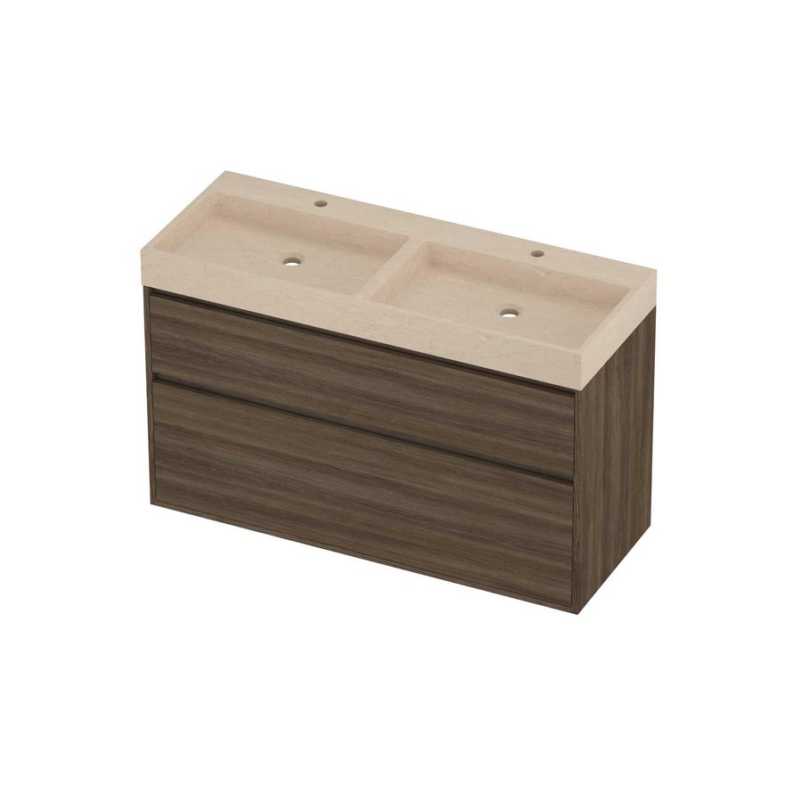 Evoli Set hardsteen Loft wastafel dubbele wasbak met 2 kraangaten en onderkast greeploos 2 laden a-symmetrisch in kader 1200x460x750mm Sand stone/Vital oak