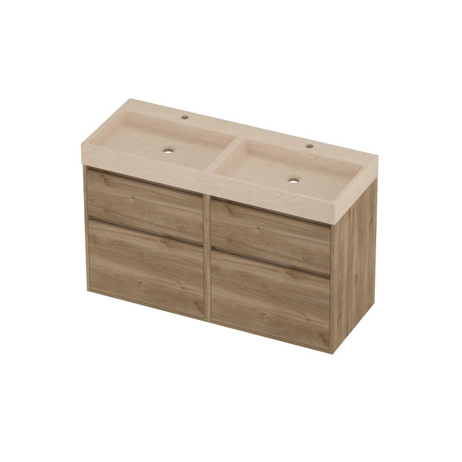 Evoli Set hardsteen Loft wastafel dubbele wasbak met 2 kraangaten en onderkast greeploos 4 laden a-symmetrisch in kader 1200x460x750mm Sand stone/Cider oak