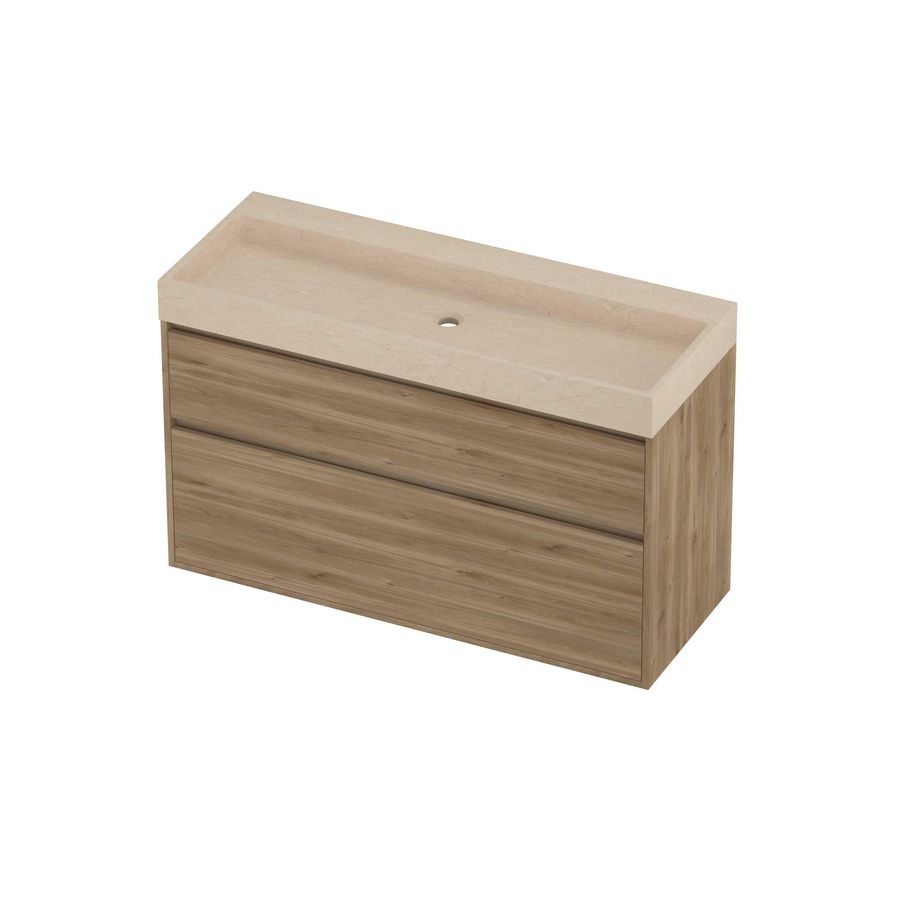 Evoli Set hardsteen Loft wastafel centraal zonder kraangat en onderkast greeploos 2 laden a-symmetrisch in kader 1200x460x750mm Sand stone/Cider oak