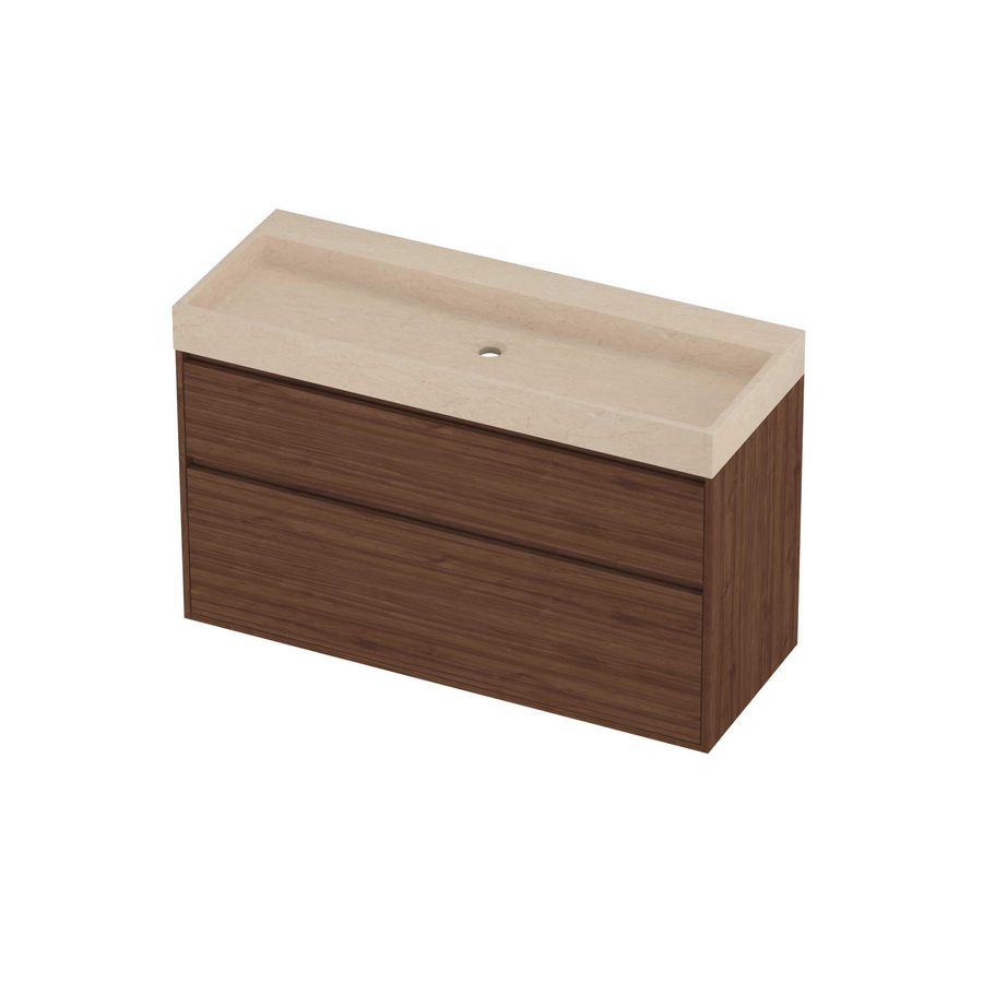 Evoli Set hardsteen Loft wastafel centraal zonder kraangat en onderkast greeploos 2 laden a-symmetrisch in kader 1200x460x750mm Sand stone/Indian walnut