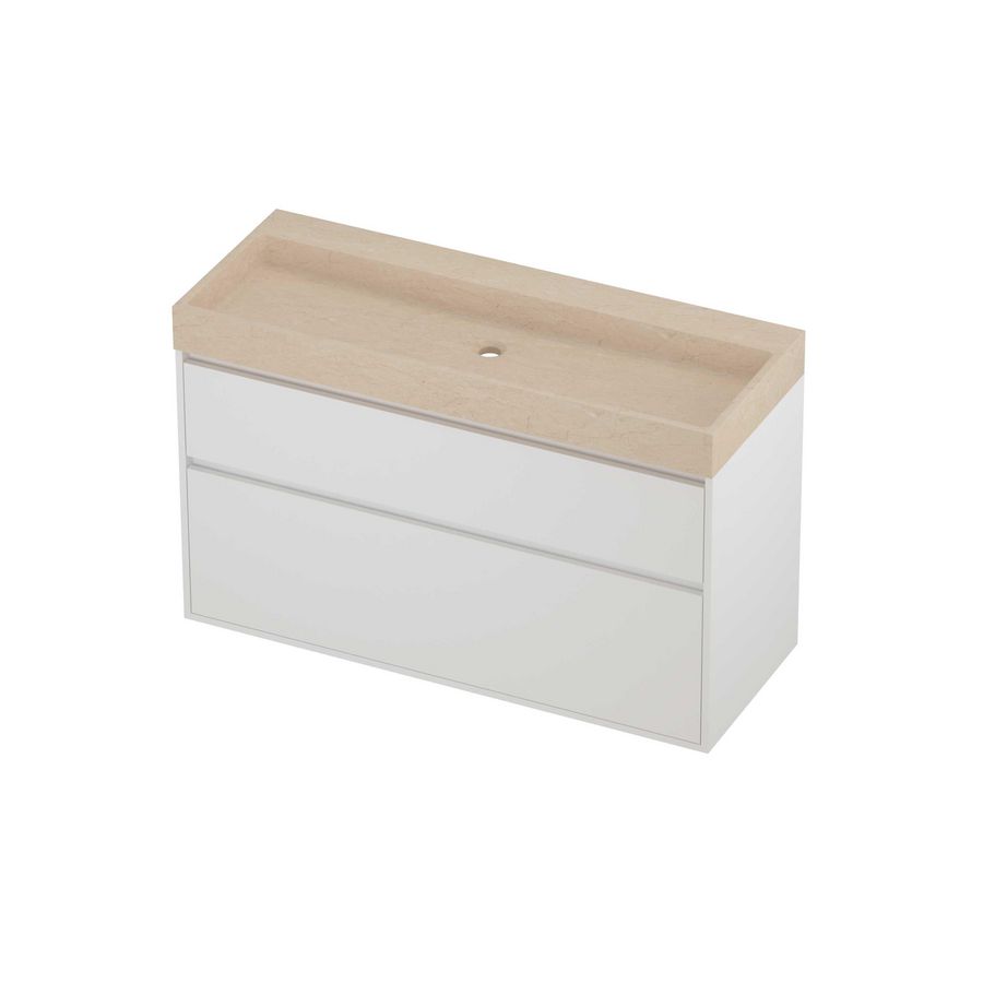 Evoli Set hardsteen Loft wastafel centraal zonder kraangat en onderkast greeploos 2 laden a-symmetrisch in kader 1200x460x750mm Sand stone/matt white