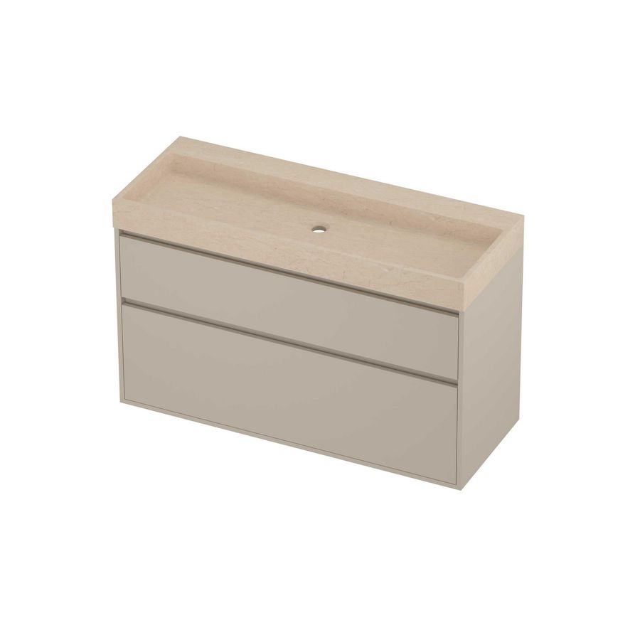 Evoli Set hardsteen Loft wastafel centraal zonder kraangat en onderkast greeploos 2 laden a-symmetrisch in kader 1200x460x750mm Sand stone/Soft linen