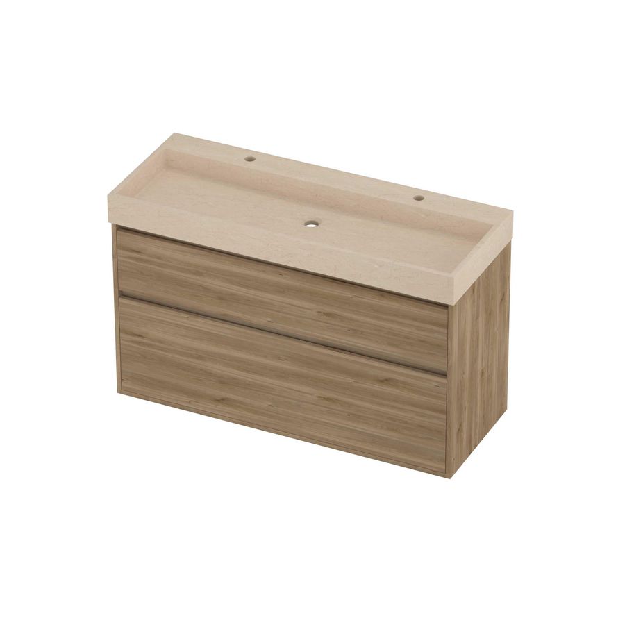 Evoli Set hardsteen Loft wastafel centraal met 2 kraangaten en onderkast greeploos 2 laden a-symmetrisch in kader 1200x460x750mm Sand stone/Cider oak
