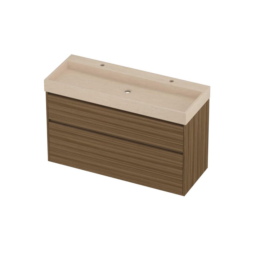 Evoli Set hardsteen Loft wastafel centraal met 2 kraangaten en onderkast greeploos 2 laden a-symmetrisch in kader 1200x460x750mm Sand stone/Caramel walnut