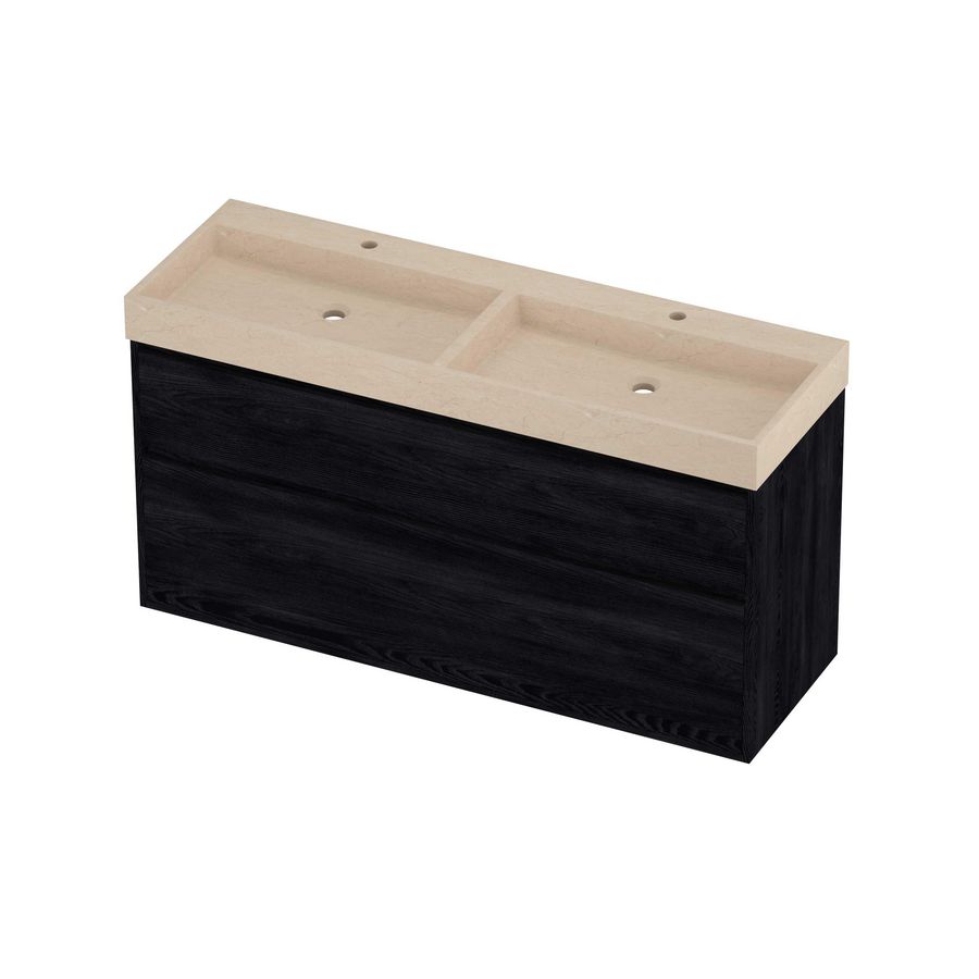 Evoli Set hardsteen Loft wastafel dubbele wasbak met 2 kraangaten en onderkast greeploos 2 laden a-symmetrisch in kader 1400x460x750mm Sand stone/Black oak