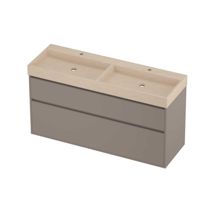 Evoli Set hardsteen Loft wastafel dubbele wasbak met 2 kraangaten en onderkast greeploos 2 laden a-symmetrisch in kader 1400x460x750mm Sand stone/Clay beige