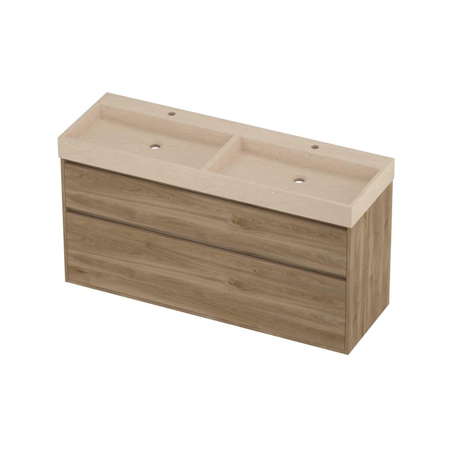 Evoli Set hardsteen Loft wastafel dubbele wasbak met 2 kraangaten en onderkast greeploos 2 laden a-symmetrisch in kader 1400x460x750mm Sand stone/Cider oak