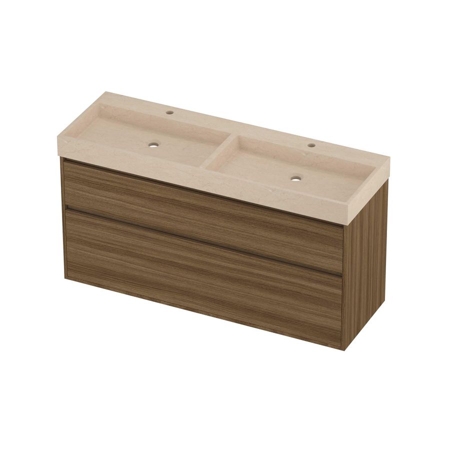 Evoli Set hardsteen Loft wastafel dubbele wasbak met 2 kraangaten en onderkast greeploos 2 laden a-symmetrisch in kader 1400x460x750mm Sand stone/Caramel walnut