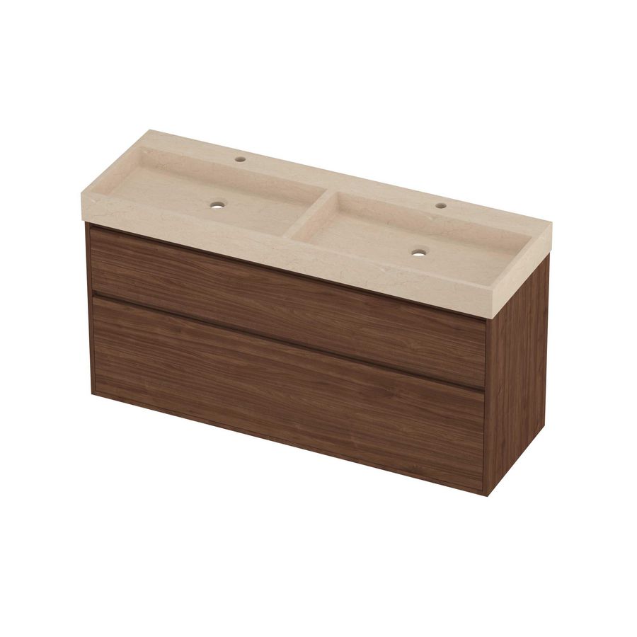 Evoli Set hardsteen Loft wastafel dubbele wasbak met 2 kraangaten en onderkast greeploos 2 laden a-symmetrisch in kader 1400x460x750mm Sand stone/Indian walnut