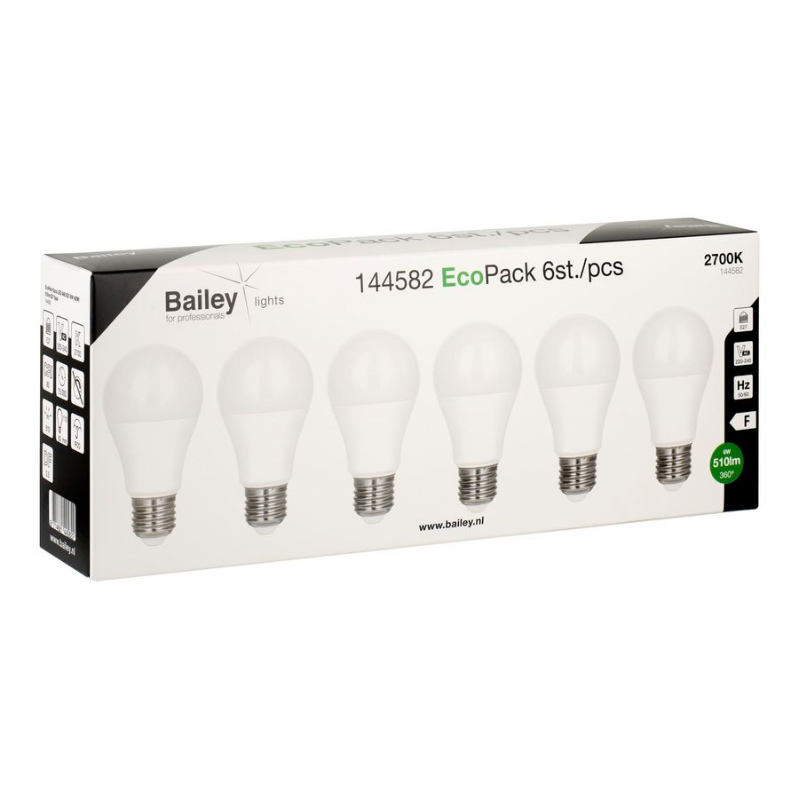 Doos a 6st. LED-lamp EcoPack A60 E27 6W 42W 510lm 827 opaal