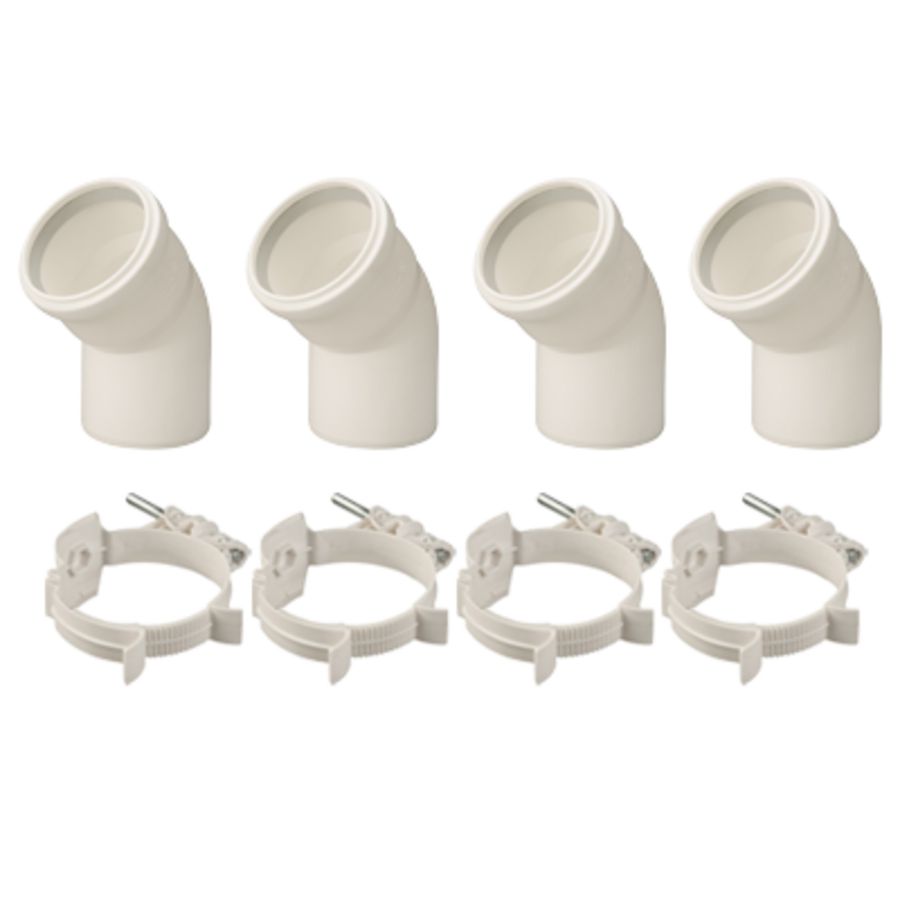 KPW-actie set a 4st. bocht Rolux T120 PP 80mm 45° Wit + beugel (0123050 / 0169034) Ubbink