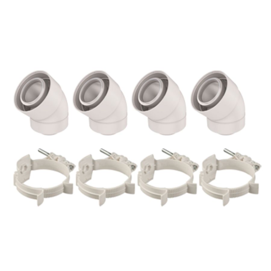 KPW-actie set a 4st. bocht UbiFit Push-Fit PP 45° conc. 60/100mm + beugel (0229204 / 0169034) Ubbink