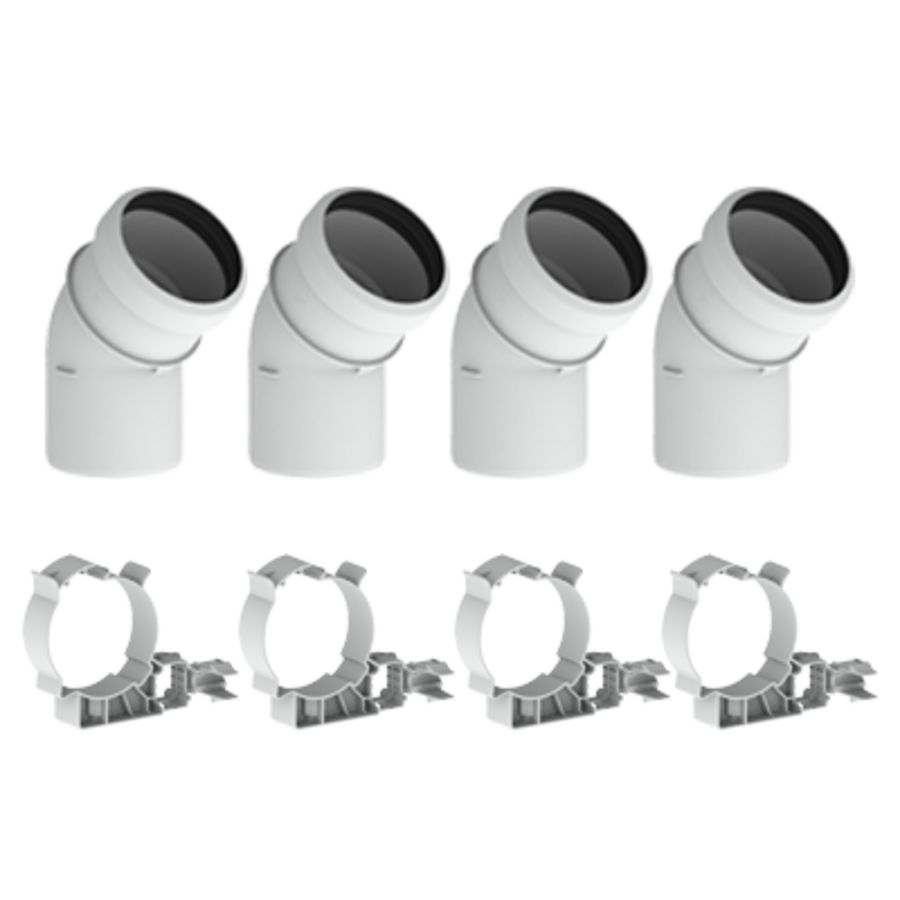 KPW-actie set a 4st. Safe-PP bocht PP 80 45° wit + beugel (400453990 / 400452203) Burgerhout