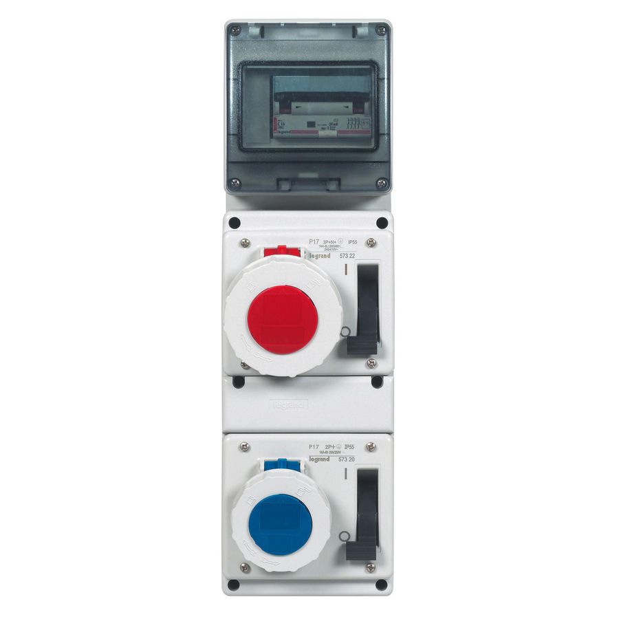 Wandcontactsdoos gesch. 230V 16A 3-polig IP55 P17 vergrend.